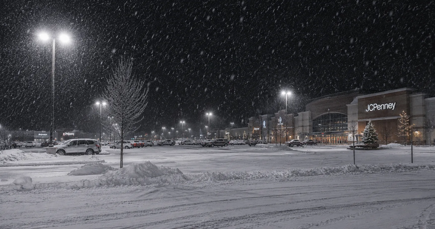 Snow falling over a commercial shopping center parking lot at night in Fond du Lac, WI