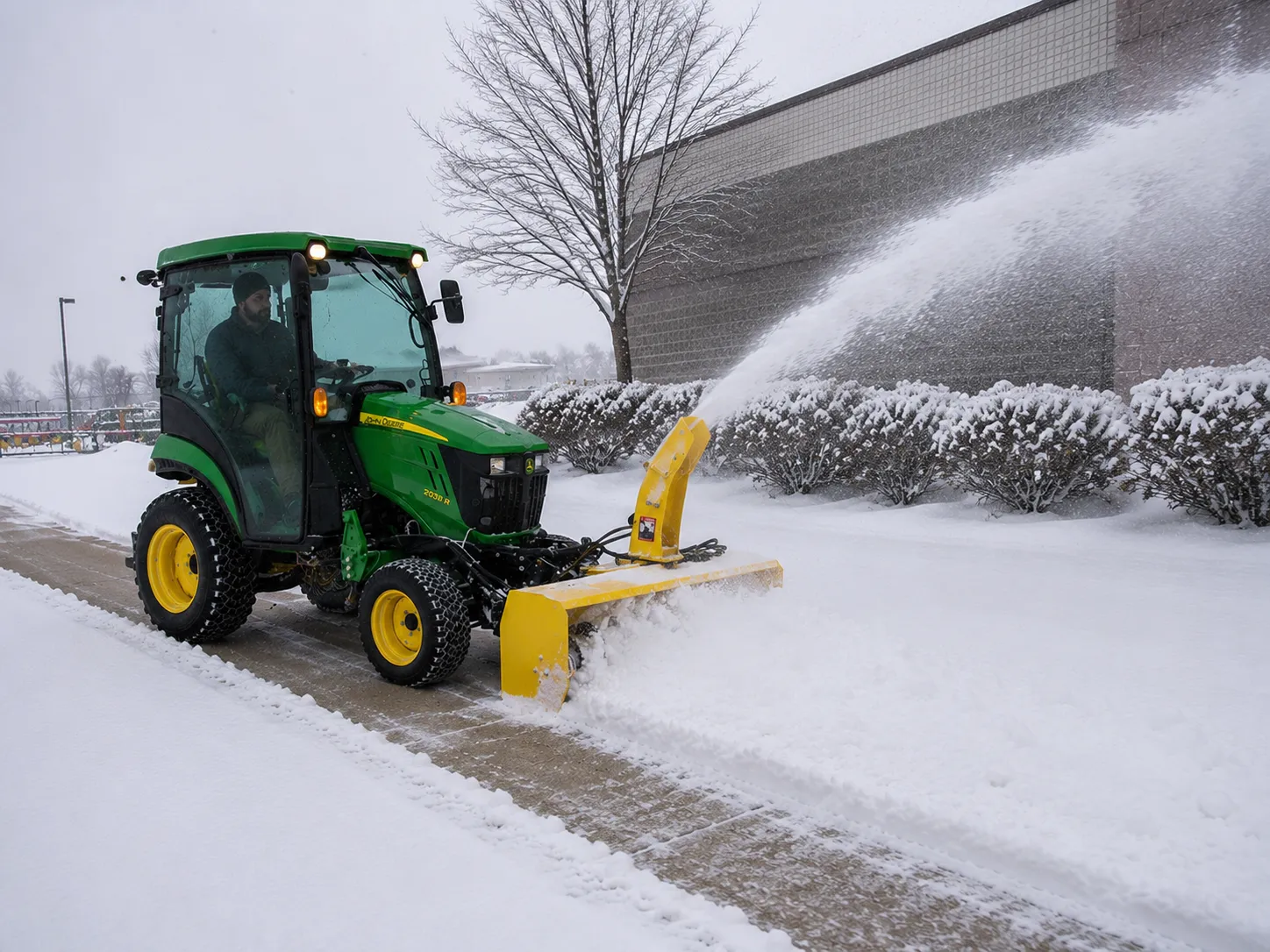 John Deere 2038R compact tractor with a front-mounted snow blower clearing a commercial sidewalk in Fond du Lac, WI