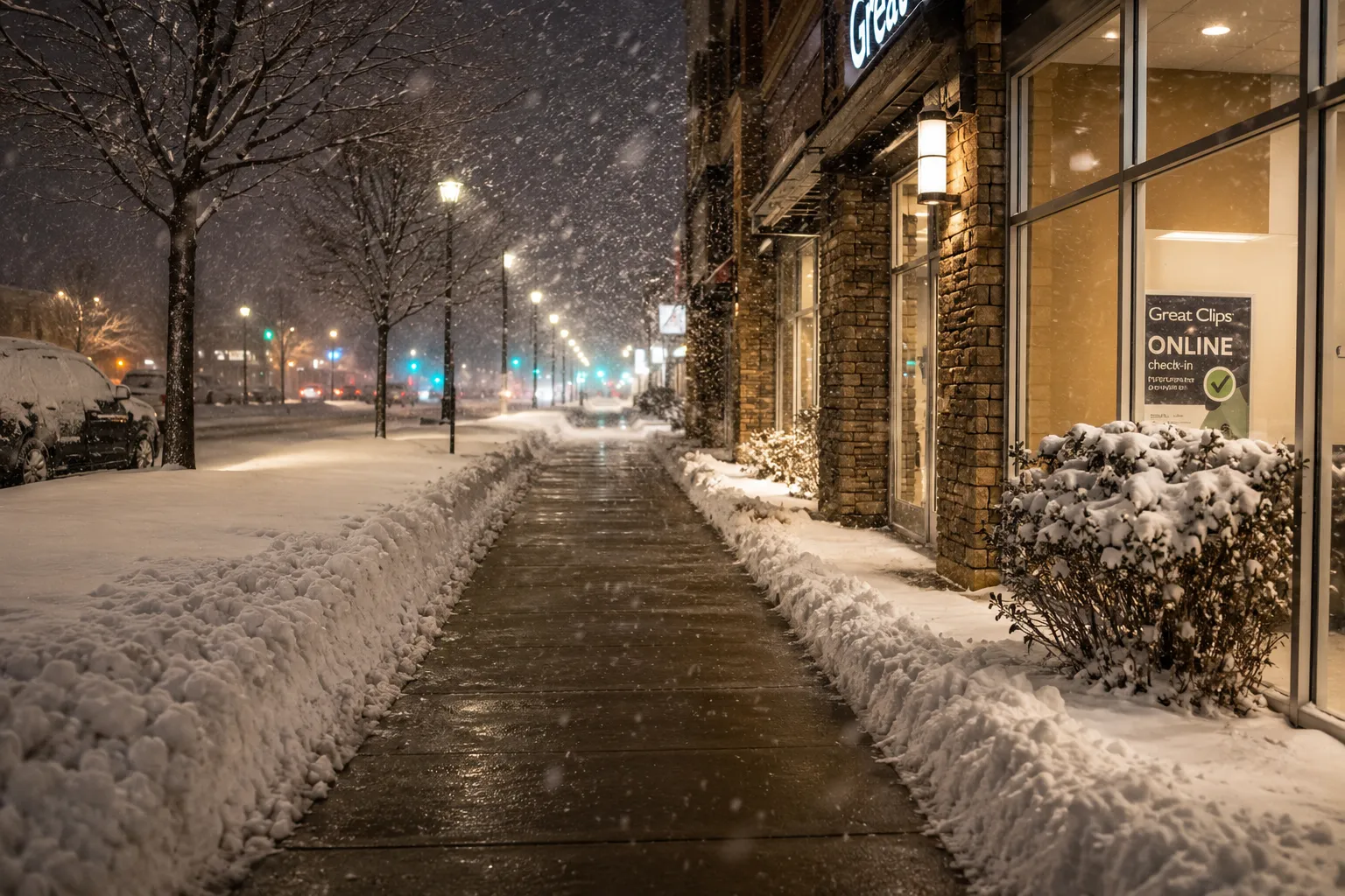 A cleared, salted commercial sidewalk along a downtown storefront during a snowfall at night in Fond du Lac, WI