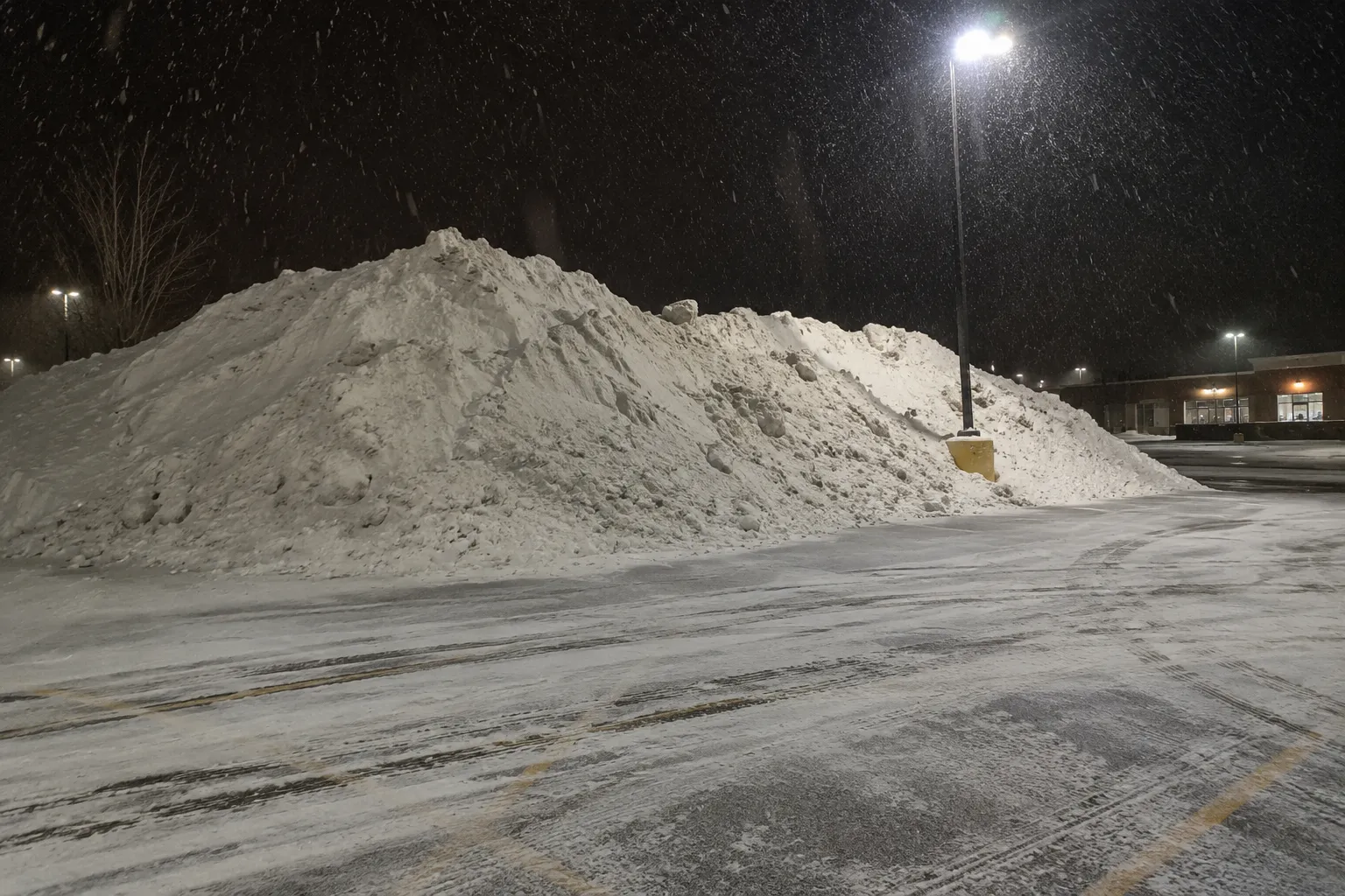 A large plowed snow pile in a commercial parking lot at night after a Fond du Lac storm, ready for hauling off-site
